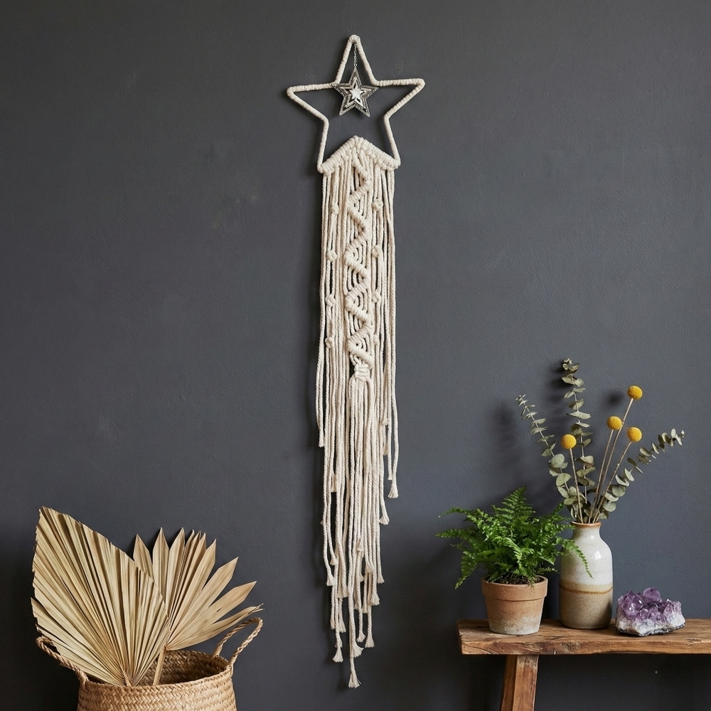Celestial Macrame Star Wall Hanging 38” Cream Silver Charm Whimsigoth Decor